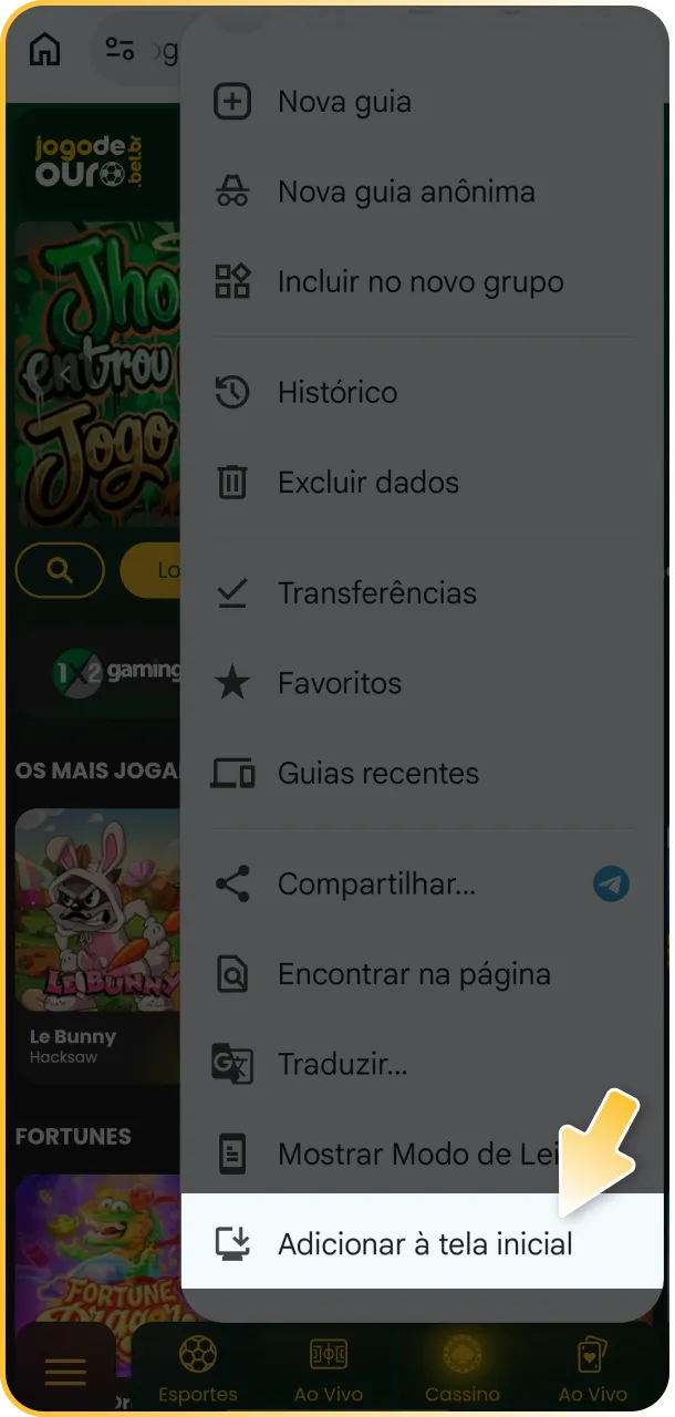 Selecione adicionar à tela inicial para acessar o Jogo de Ouro App.