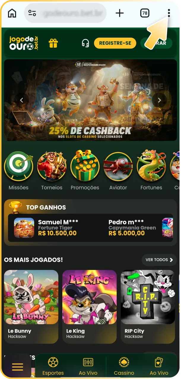 Toque em compartilhar para configurar o seu Jogo de Ouro App.