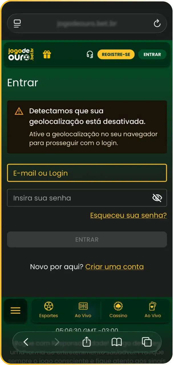Faça login ou crie uma conta nova no Jogo de Ouro App.