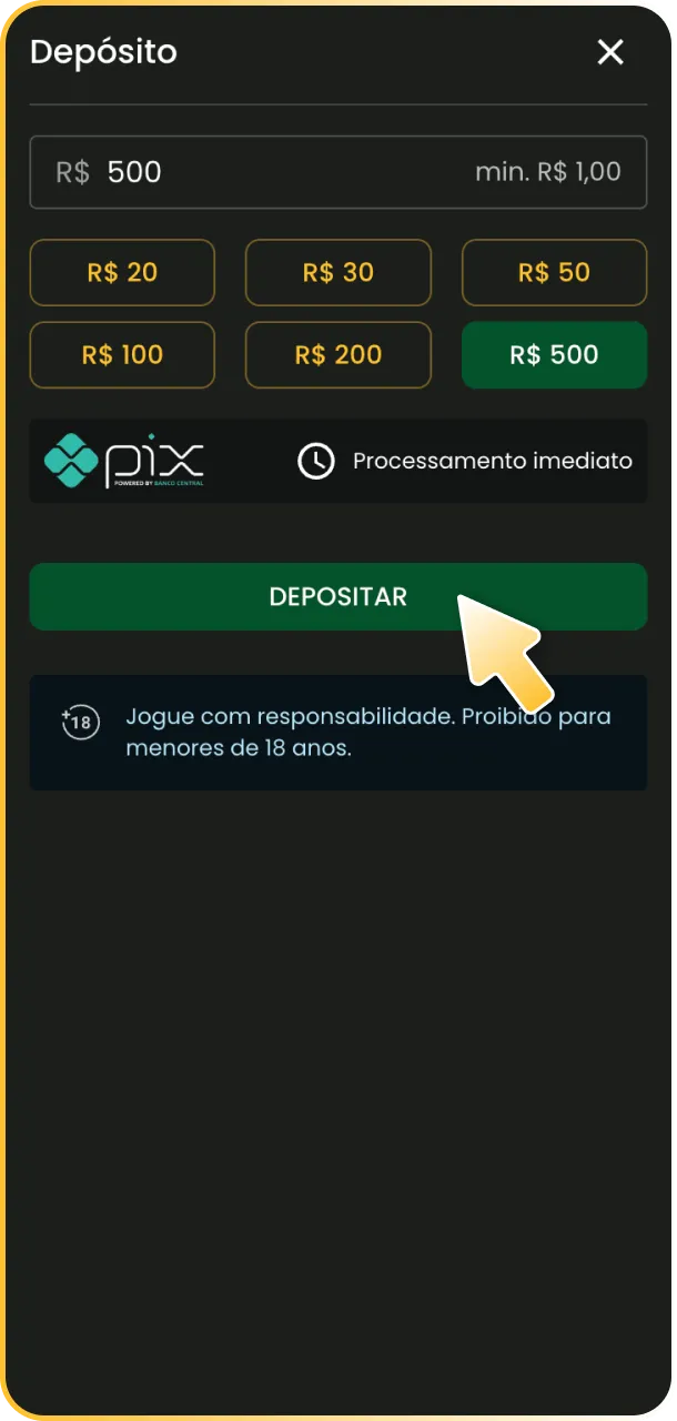 Faça um depósito via PIX para carregar sua carteira no Jogo de Ouro.
