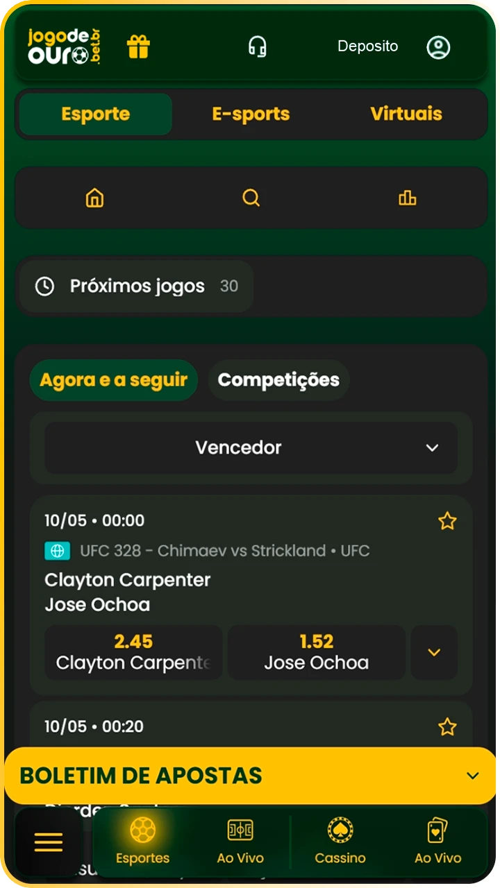 Acesse MMA no aplicativo do Jogo de Ouro.